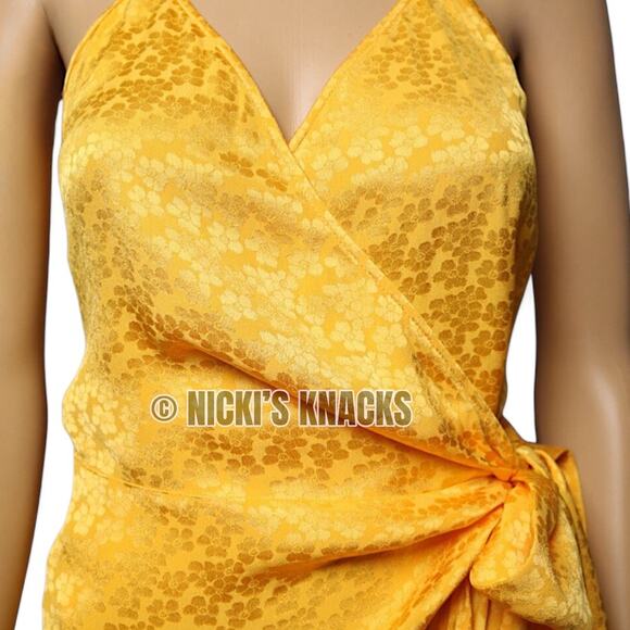The Andamane Yellow Gold Jacquard Wrap Mini Dress Floral Bow Italy Formal Size S - Picture 4 of 14